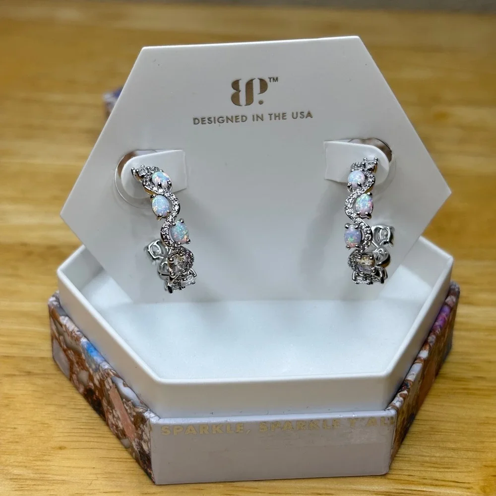 Bomb Party October 2025 Opal Hoop Earrings Womens OS White Rhodium New